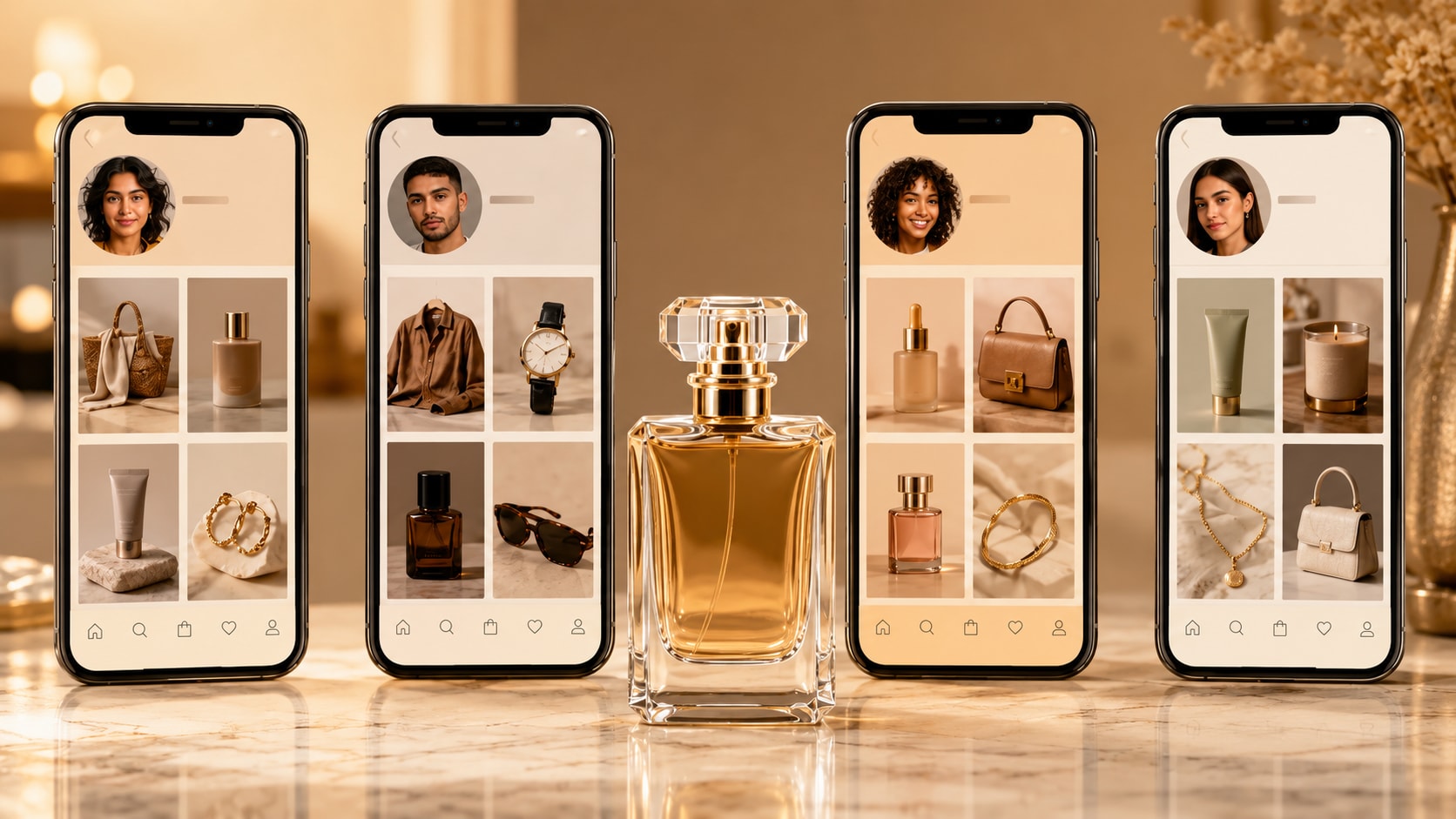 Flacon de parfum entouré de quatre boutiques créateurs sur smartphone